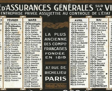 Calendrier 1914 Assurances Générale sur la Vie
