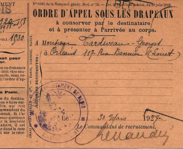 Carte d'Appel sous les drapeaux