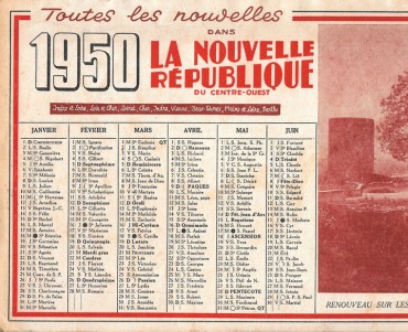 Calendrier 1950 La Nouvelle République