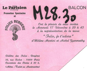 Billet d'entrée Folie je t'adore