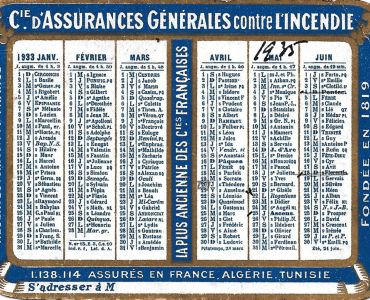 Calendrier 1933 Cie d'Assurances Générales 