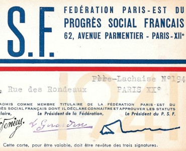 Carte d'adhérent au Progrès Social Français