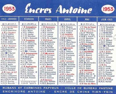 Calendrier 1953 Encres Antoine