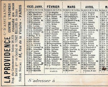 Calendrier 1935 La Providence
