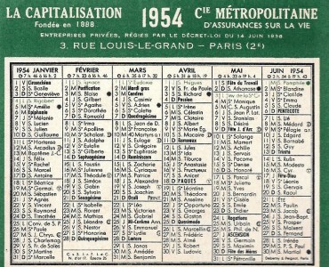 Calendrier 1954 La Capitalisation/Cie Métropolitaine